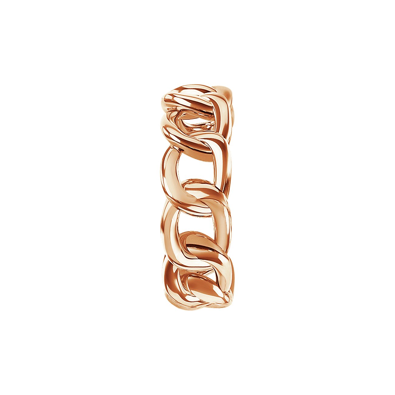 Ein glänzender, roségoldfarbener Liebeskind Ohrschmuck aus Edelstahl, geformt als Kettenglied, im Hochformat.