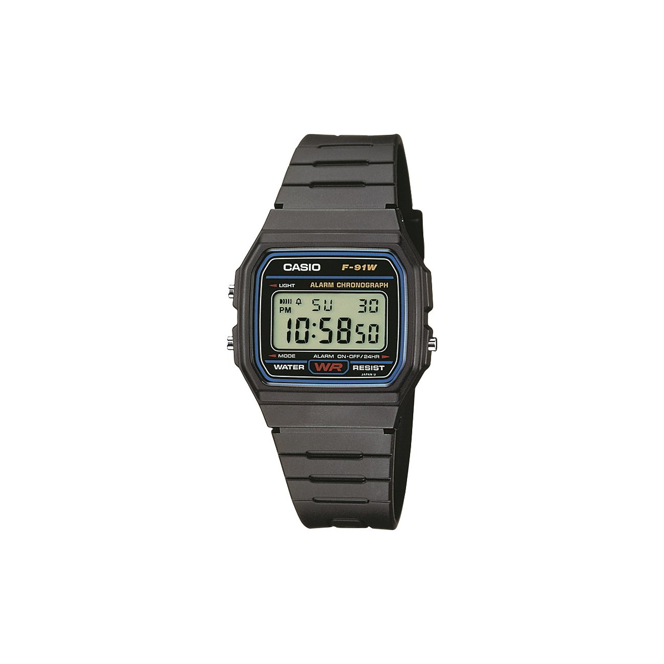 Casio F-91W herrklocka med hölje i harts, digital display och svart armband.