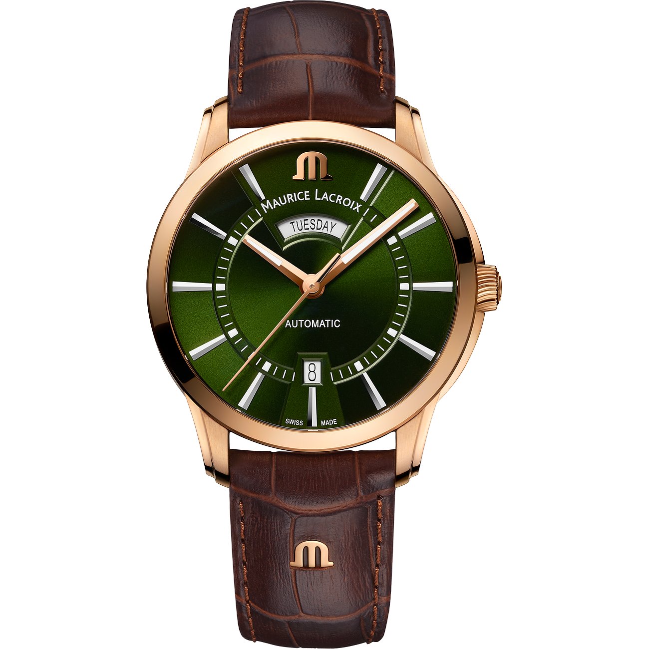 Maurice Lacroix Herrenuhr mit bronzefarbenem Gehäuse und grünem Zifferblatt, auf einem braunen Lederarmband liegend.