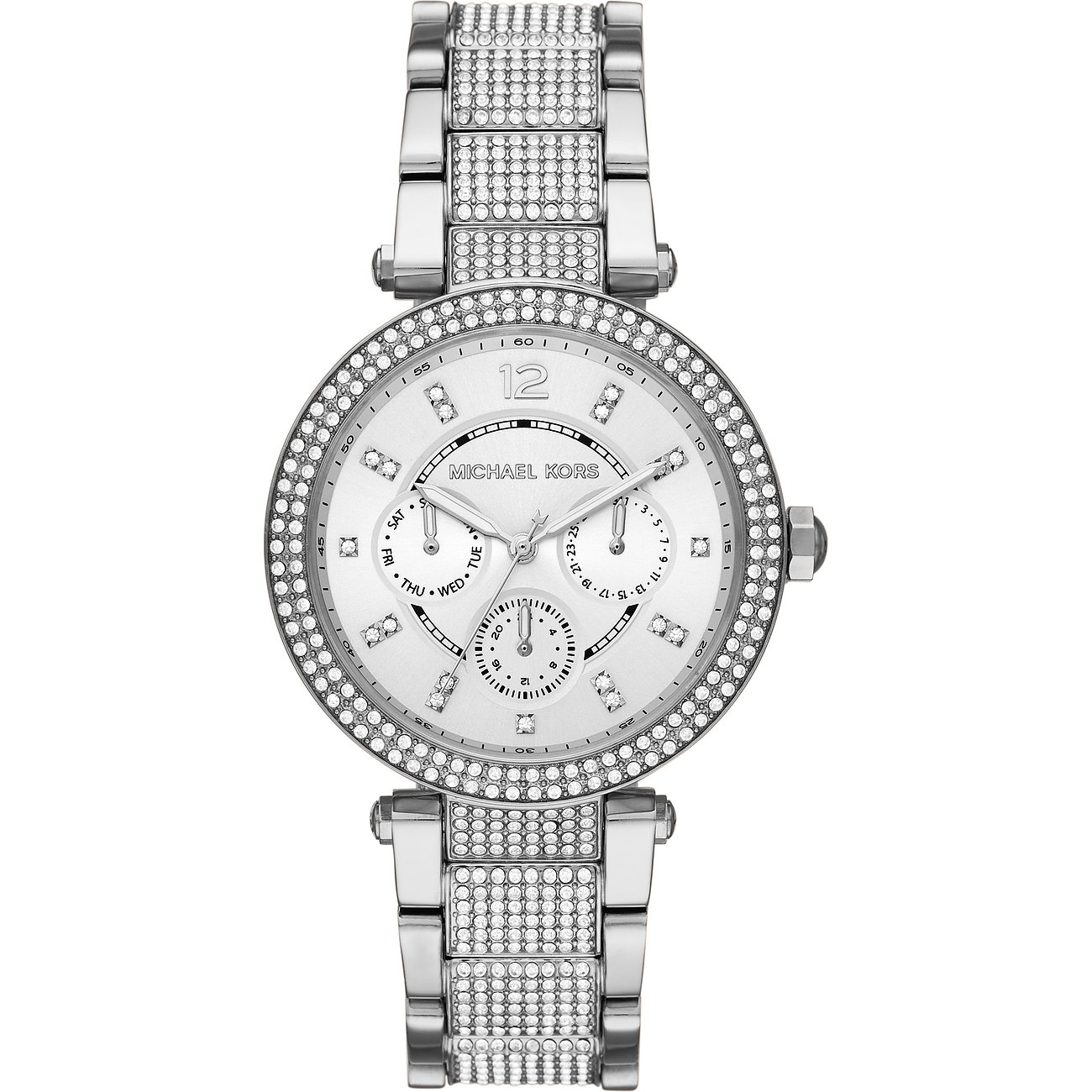 Michael Kors Damenuhr aus poliertem Edelstahl mit funkelnden Glassteinen auf Lünette und Armband.