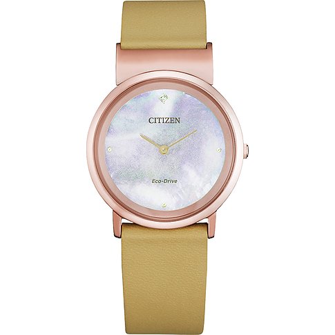 Orologio da donna Citizen in titanio con cassa color oro rosa e cinturino in pelle marrone chiaro.