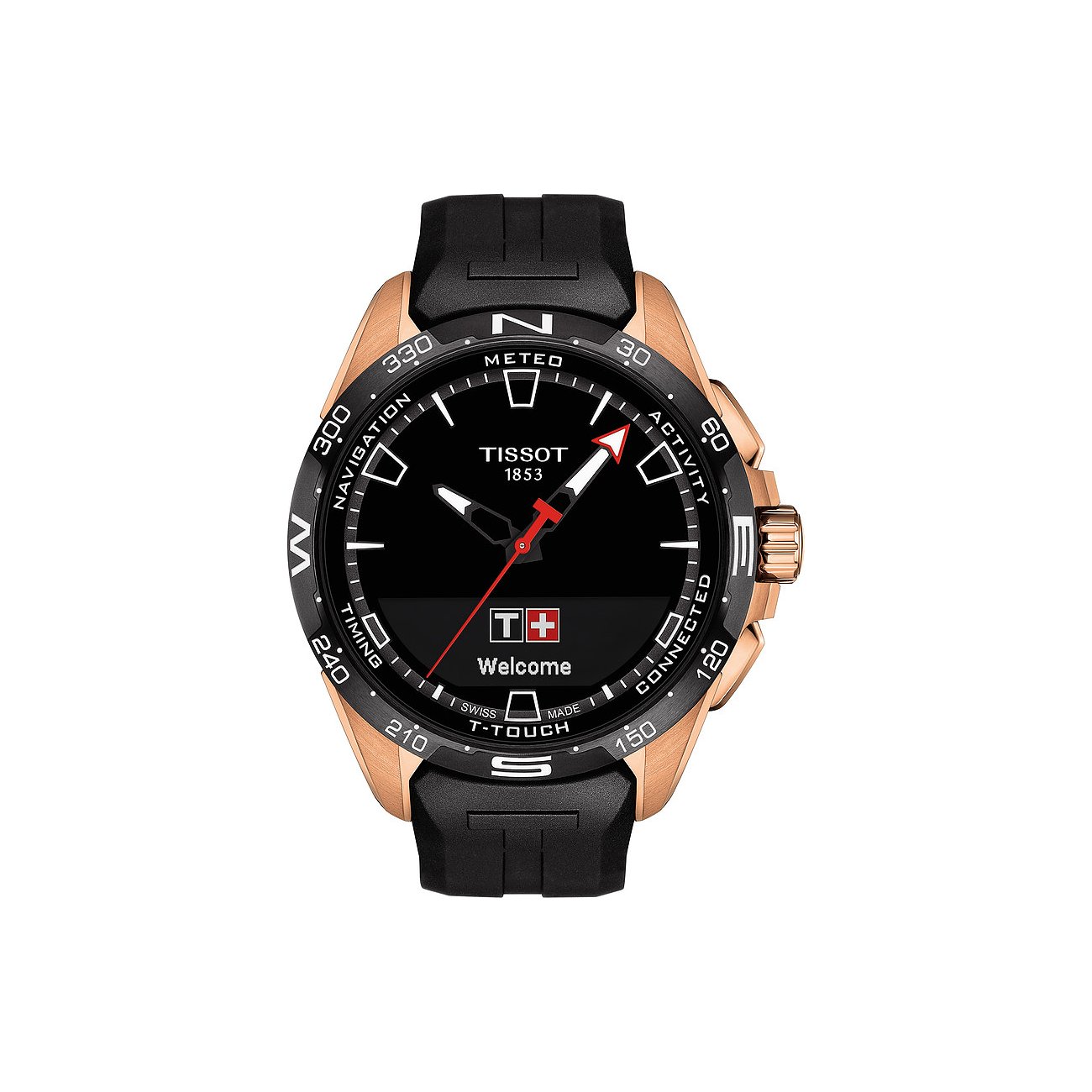 Tissot Connected Titanuhr von oben, Gehäuse in Roségold mit tiefschwarzem Zifferblatt und schwarzem Band.