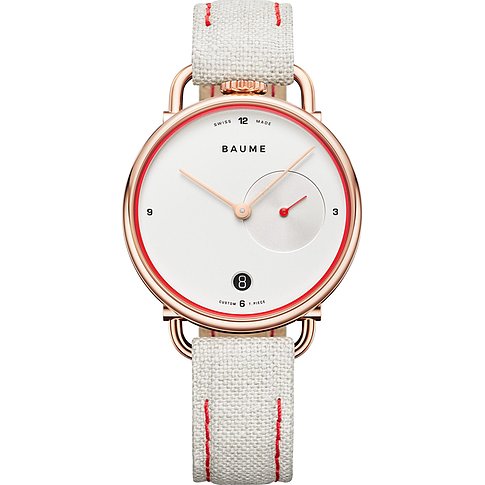 Baume Damenuhr mit Edelstahlgehäuse, weißem Zifferblatt und rotem Rand.
