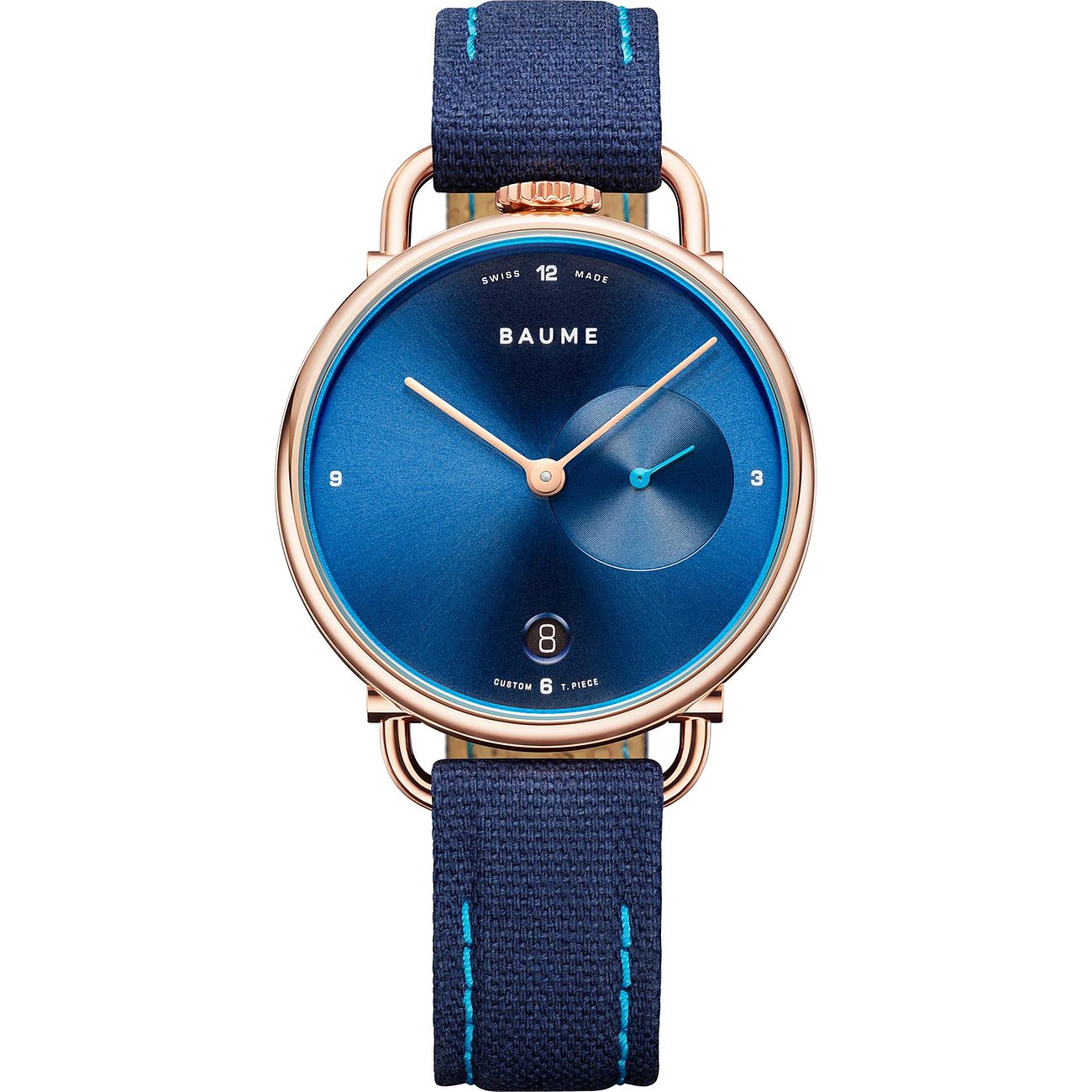 Baume Damenuhr mit Edelstahlgehäuse, blauem Zifferblatt und Datumsanzeige.