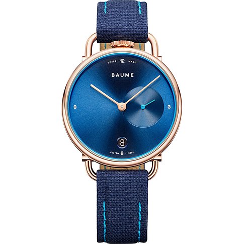 Baume Damenuhr mit Edelstahlgehäuse, blauem Zifferblatt und Datumsanzeige.