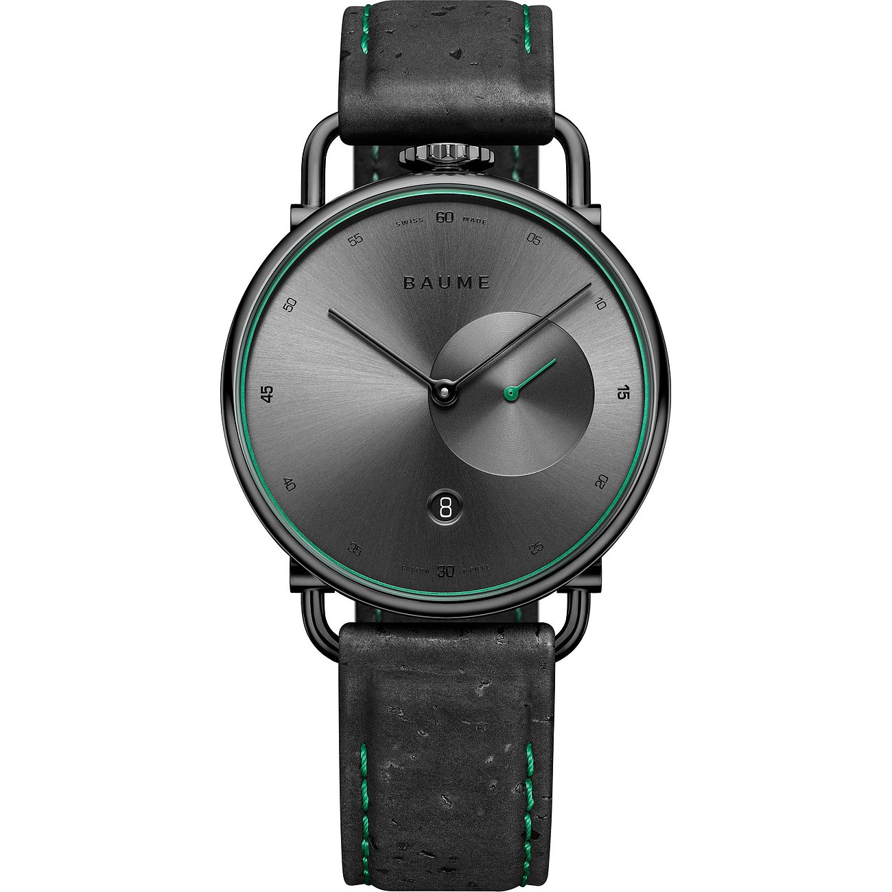 Baume Herrenuhr mit Edelstahlgehäuse, analog, mit Datumsanzeige und grünen Akzenten.