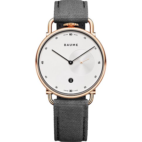 Baume Herrenuhr mit Edelstahlgehäuse, analog, weißes Zifferblatt.