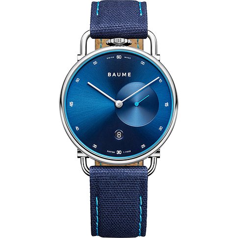 Baume Herrenuhr mit Edelstahlgehäuse, blauem Zifferblatt und Stoffarmband.