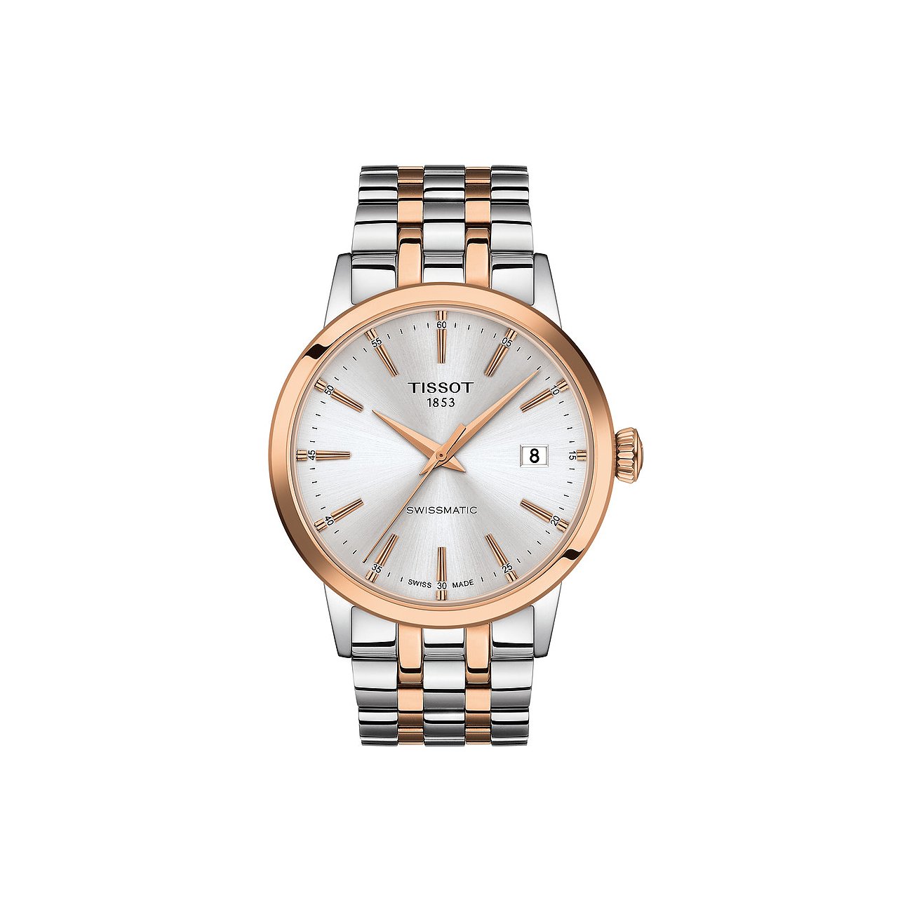 Tissot Herrenuhr „PRX Powermatic 80“ aus Bicolor-Edelstahl mit roségoldfarbener Lünette und weißem Zifferblatt.