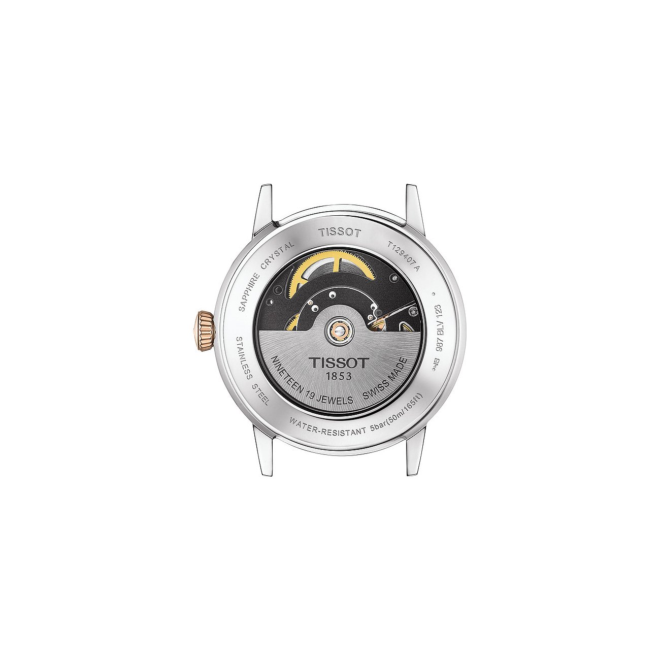 Rückseite der Tissot Herrenuhr aus Edelstahl mit sichtbarem Uhrwerk, 