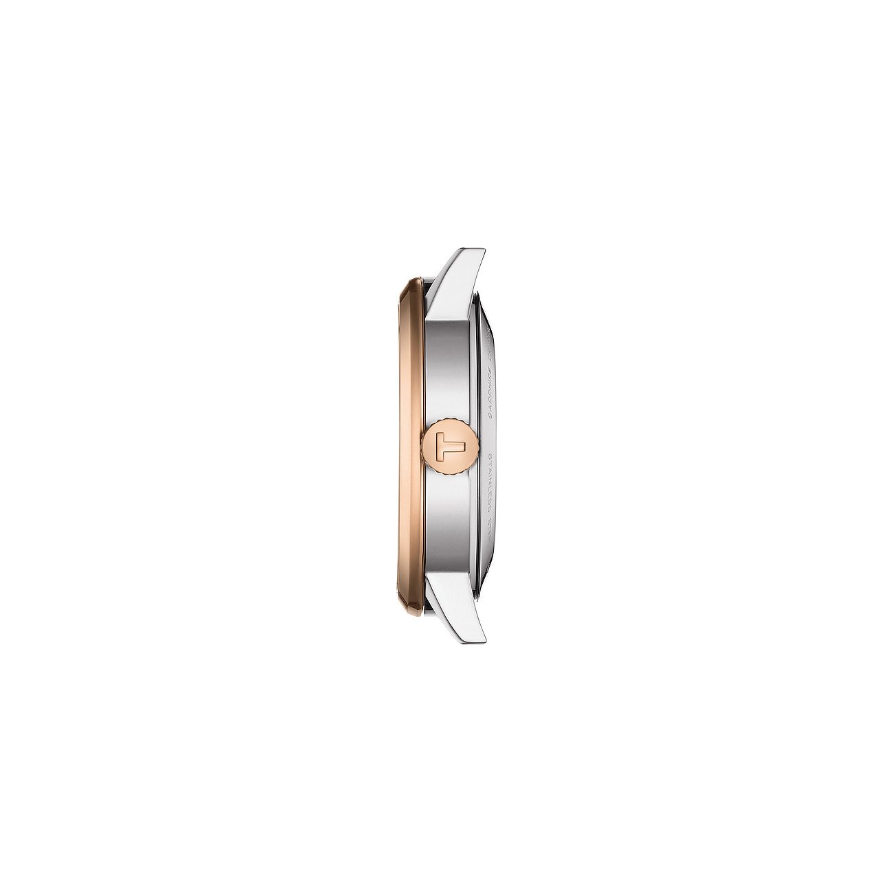 Seitenansicht der Tissot Herrenuhr aus Edelstahl mit einem roséfarbenen Gehäuseabschnitt und einer Krone mit T-Logo.