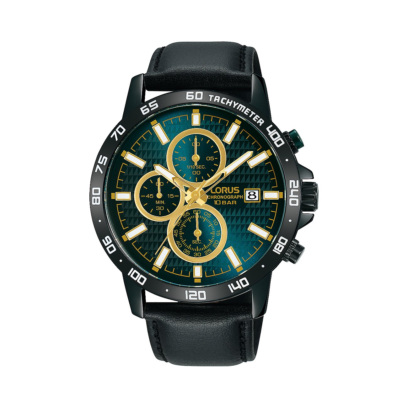 Lorus Herrenuhr aus Edelstahl mit dunklem Zifferblatt, drei Chronographen und schwarzem Armband.
