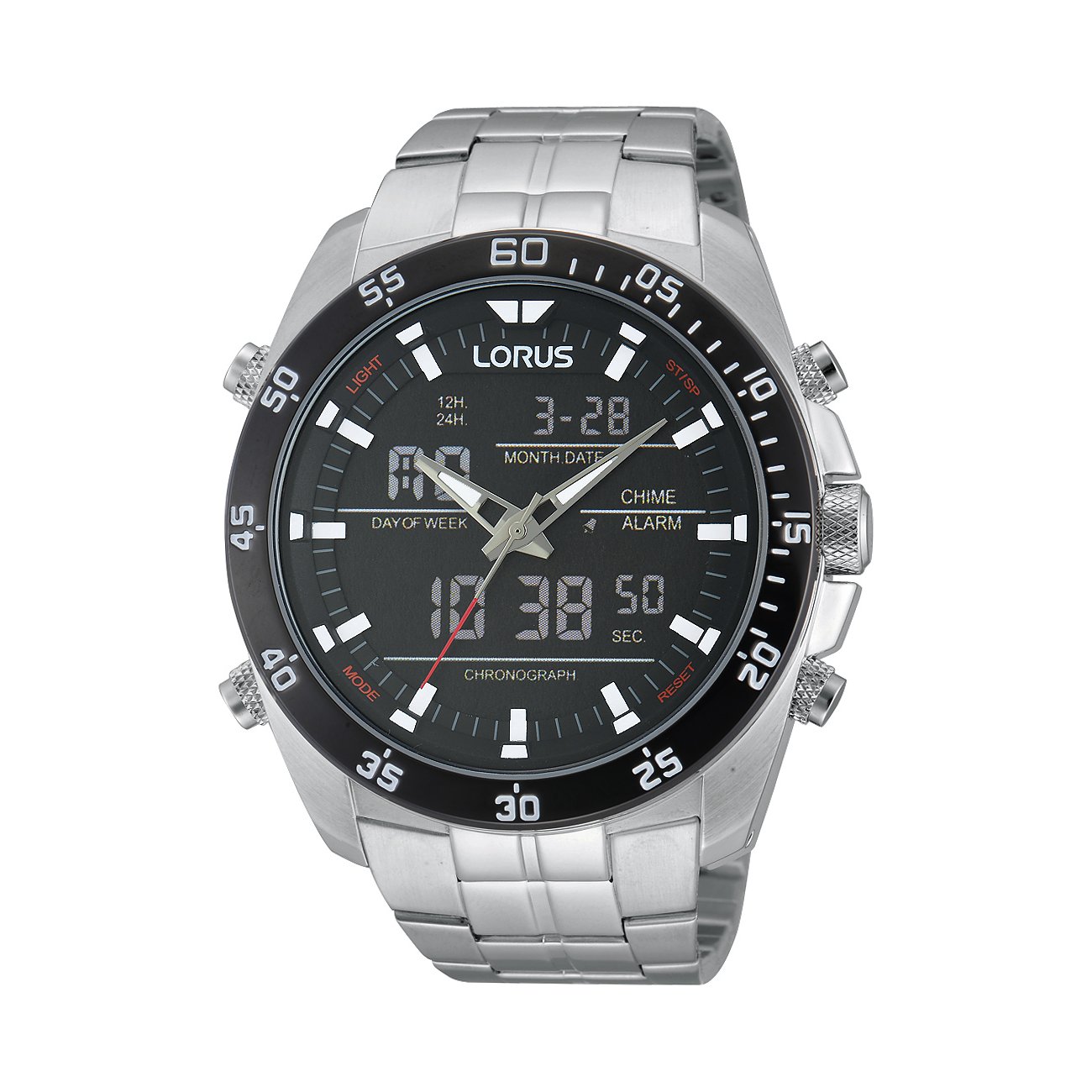 Montre homme Lorus en acier inoxydable, cadran noir analogique et numérique, avec chronographe et affichage de la date.
