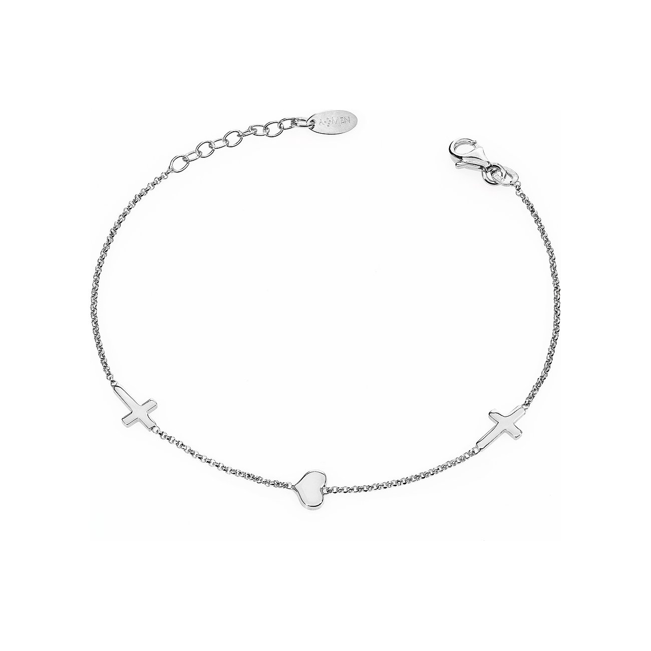 Amen 925er Silberarmband. Es ist ein filigranes Armband mit einem Kreuz, einem Herz und einem weiteren Kreuz in der Mitte.