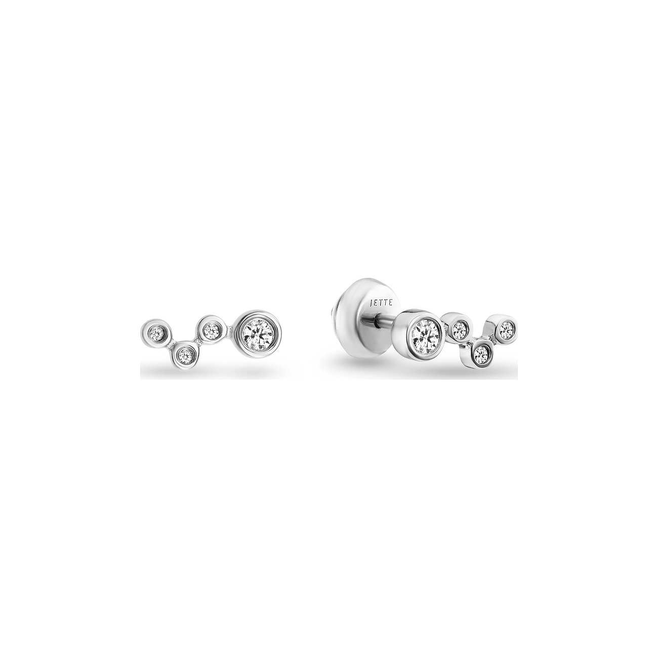 Zwei JETTE Ohrstecker aus 925er Silber mit Zirkonia-Steinen. Die länglichen Ohrstecker sind leicht versetzt angeordnet.