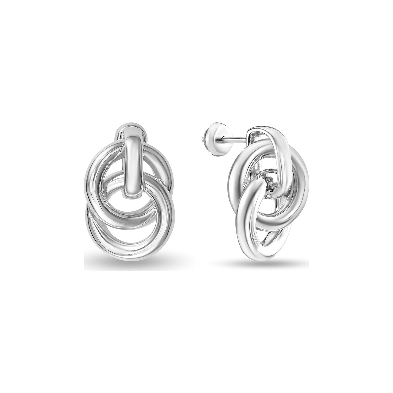 JETTE Ohrstecker aus 925er Silber in Form von zwei miteinander verbundenen Ringen, aus zwei Blickwinkeln gezeigt.