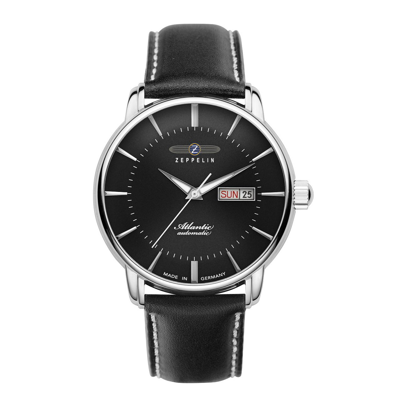 Zeppelin Herrenuhr mit Edelstahlgehäuse, schwarzem Zifferblatt und Datum.