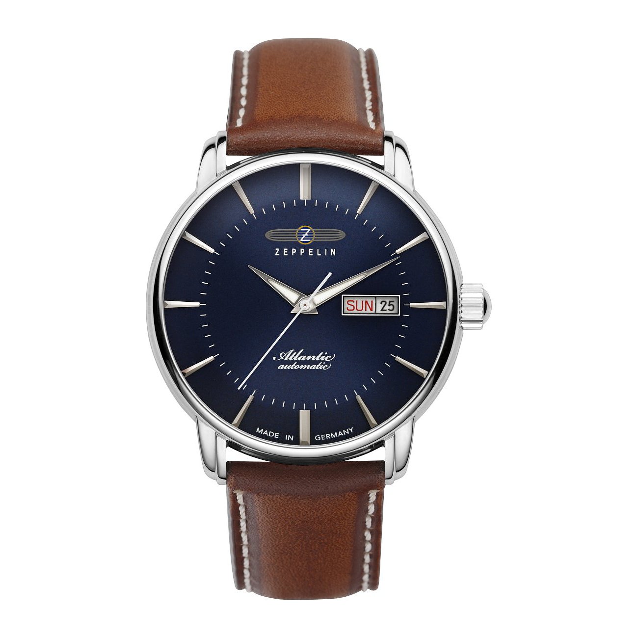 Zeppelin Herrenuhr mit Edelstahlgehäuse, blauem Zifferblatt und braunem Lederarmband.