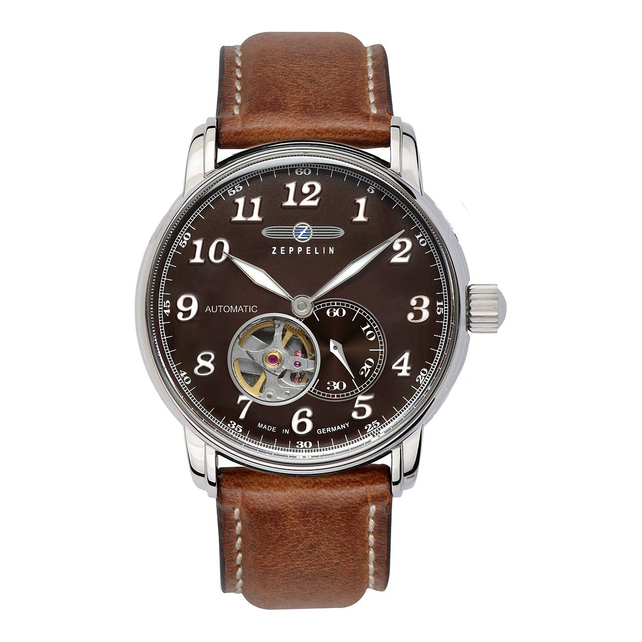 Zeppelin Herrenuhr mit Edelstahlgehäuse, braunes Zifferblatt, Automatikwerk.