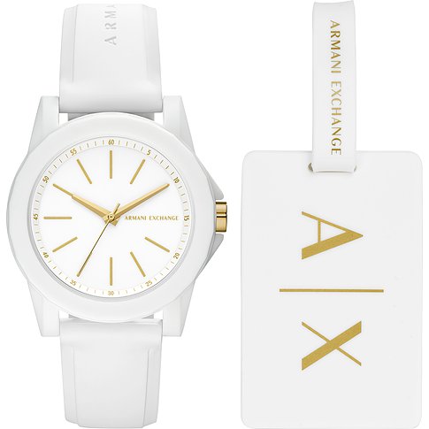 Armani Exchange hvidt ur m. Perlon/nylonrem & guldfarvede detaljer på hvid urskive, ved siden af en "A|X"-etikette.