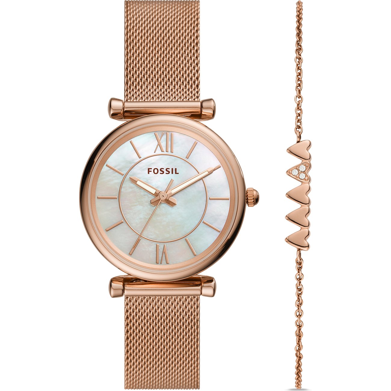 Fossil Damen-Set aus roségoldfarbenem Edelstahl. Die Uhr hat ein Netzarmband und ein perlmuttfarbenes Zifferblatt.
