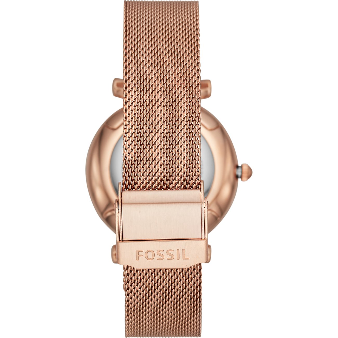Rückansicht einer roségoldfarbenen Fossil Edelstahl-Armbanduhr mit Mesh-Armband und Schließe mit Fossil-Logo.