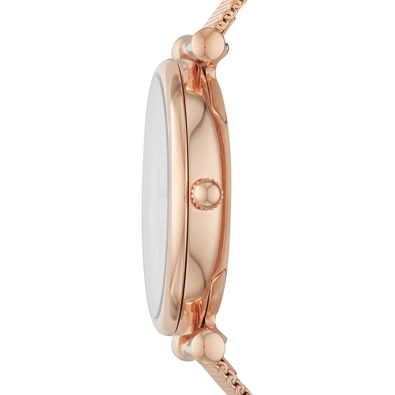 Seitenansicht der Fossil Uhr aus roségoldfarbenem Edelstahl mit weißem Zifferblatt und feiner Krone.