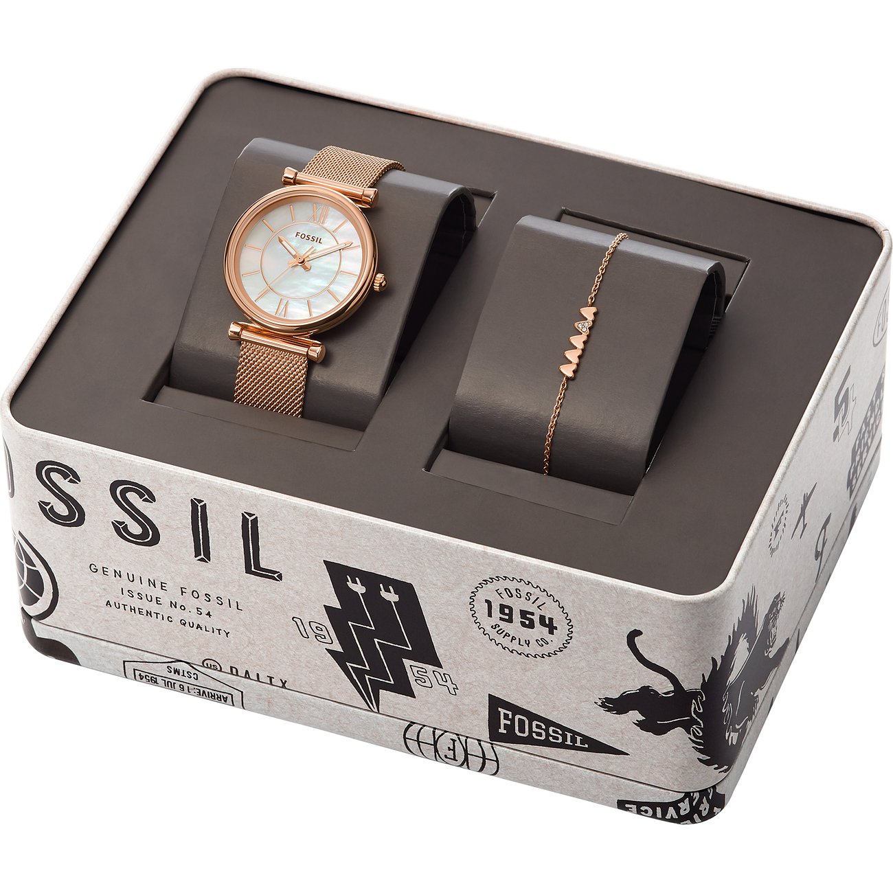 Geschenkset von Fossil aus roséfarbenem Edelstahl mit einer Uhr mit cremefarbenem Zifferblatt und einem Armband.