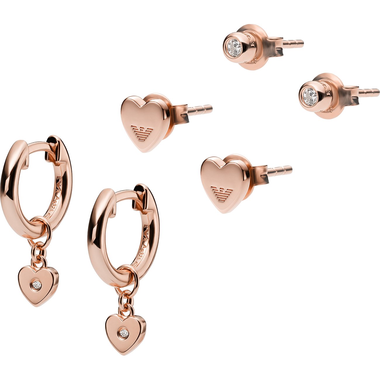 Set de boucles d'oreilles Emporio Armani en argent 925 plaqué or rose, trois paires cœurs serties de zircons.