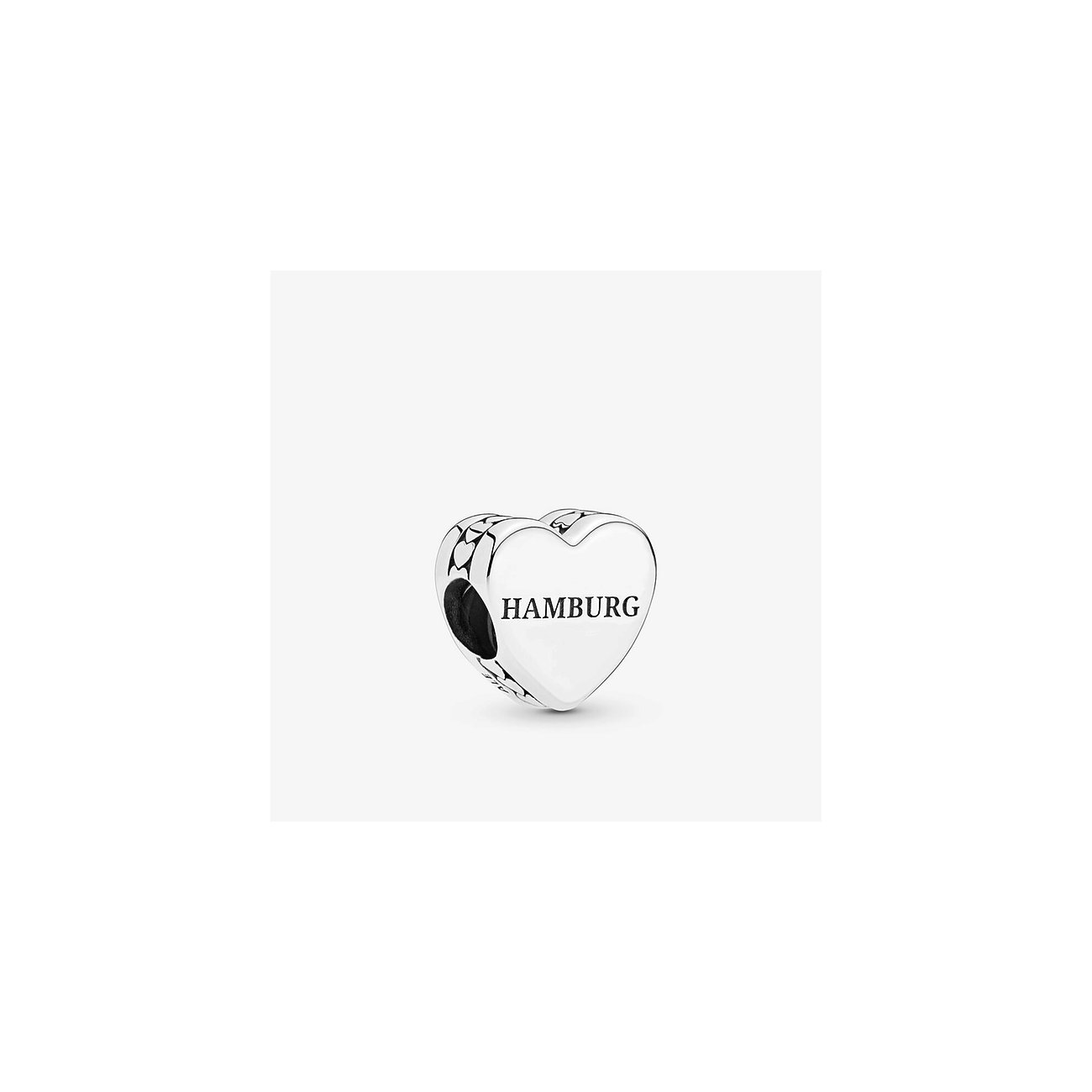 Pandora Herz-Charm aus 925er Silber mit HAMBURG-Schriftzug.