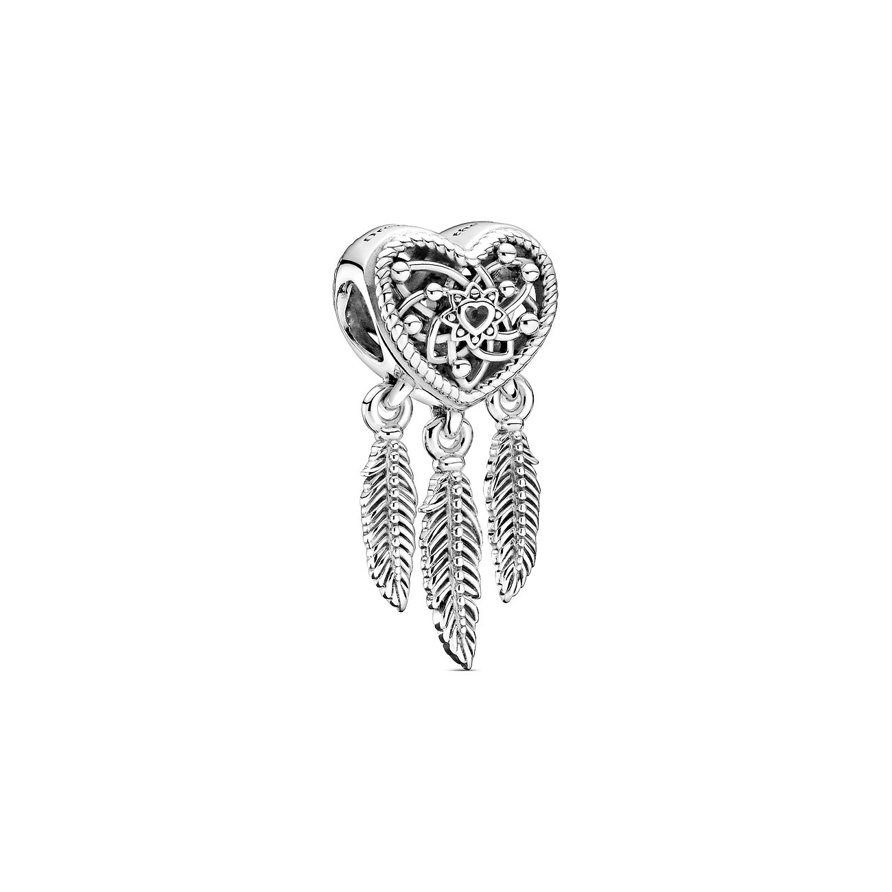 Pandora Charm Moments Offen gearbeitetes Herz \u0026 drei Federn Traumfänger 799107C00