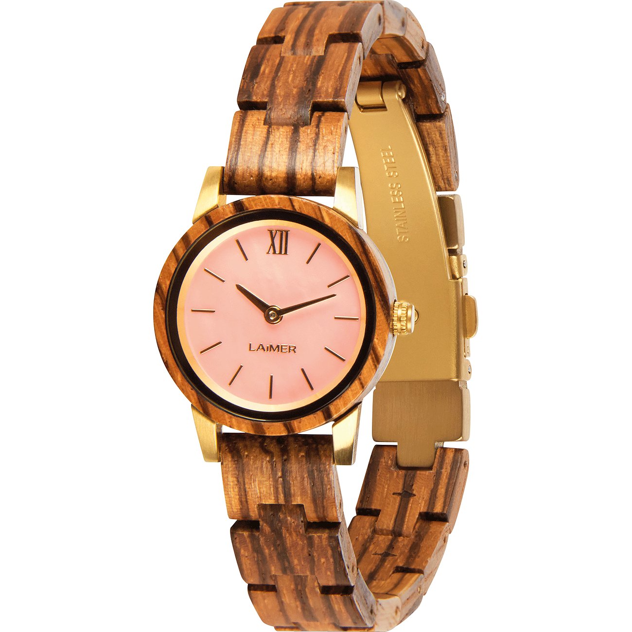 Laimer damklocka i mörk- och ljusbrunt randigt trä med guldfärgat boett och rosa urtavla.