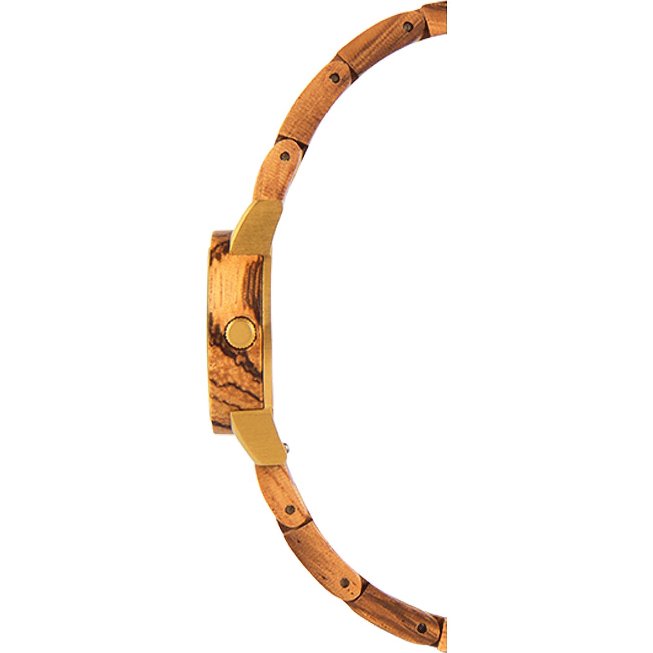 Sidovy av en Laimer damklocka i trä, som visar ådringen på armbandet och boetten.