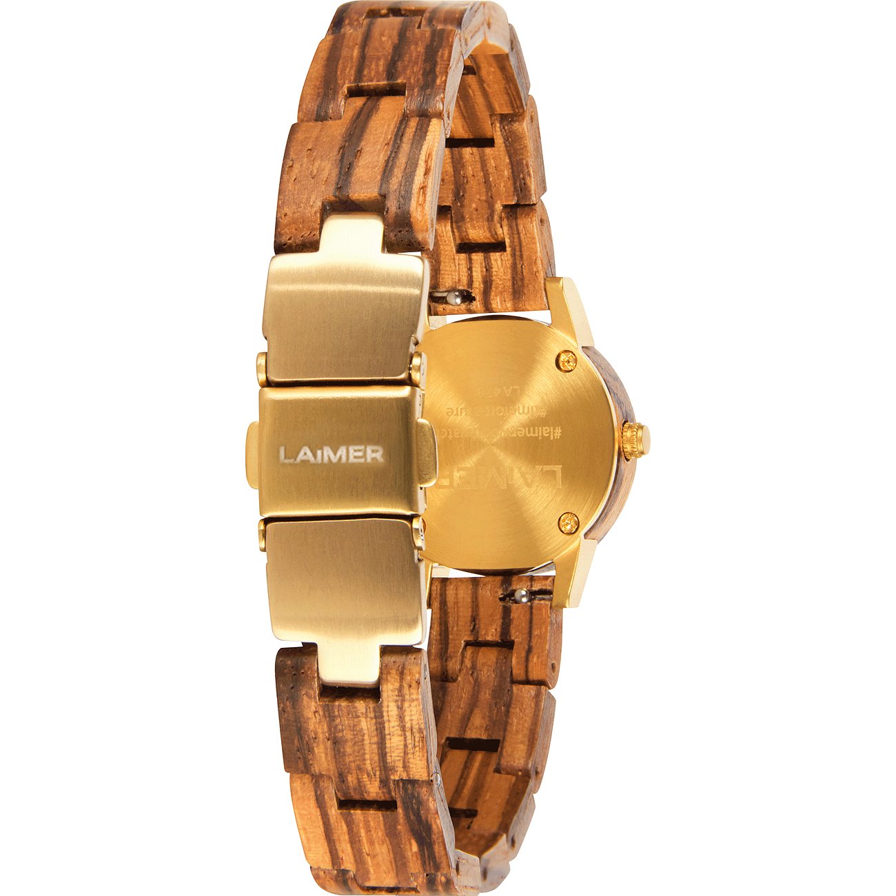 Baksidan av Laimer damklocka i trä med guldfärgat spänne, där varumärket är ingraverat.