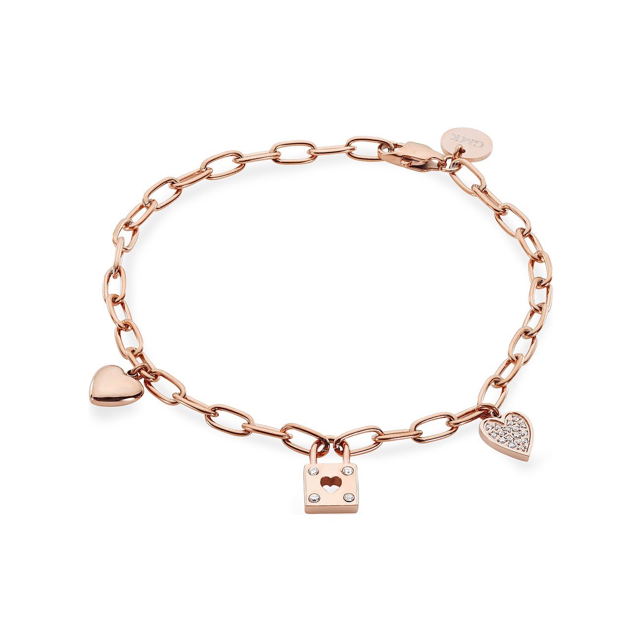 Guido Maria Kretschmer Armschmuck: Roségoldfarbenes Edelstahl-Armband mit Herz- und Schlossanhängern mit Zirkonia-Steinen.