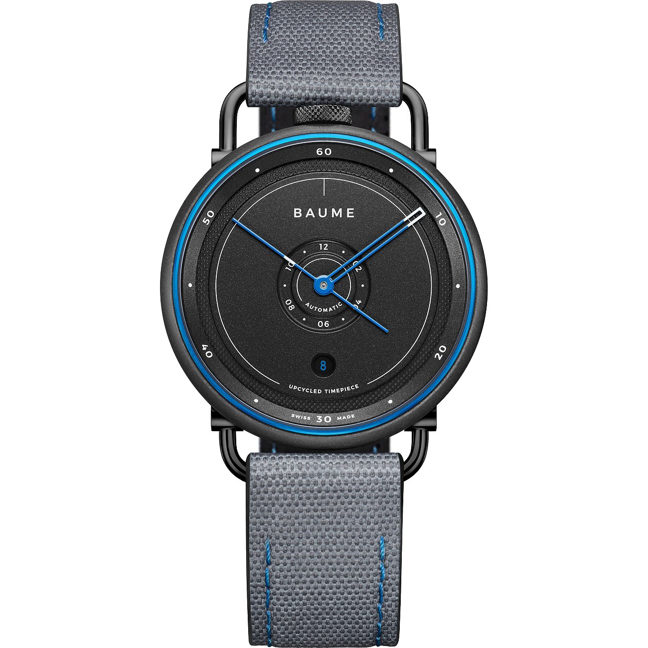 Baume Herrenuhr mit schwarzem Kunststoffgehäuse und blauem Zifferblatt.