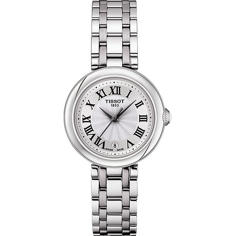 Tissot Damenuhr aus Edelstahl mit silberfarbenem Zifferblatt und römischen Ziffern.
