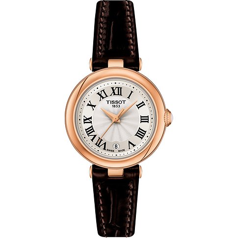 Tissot Damenuhr mit Edelstahlgehäuse, silberfarbenes Zifferblatt, römische Ziffern.