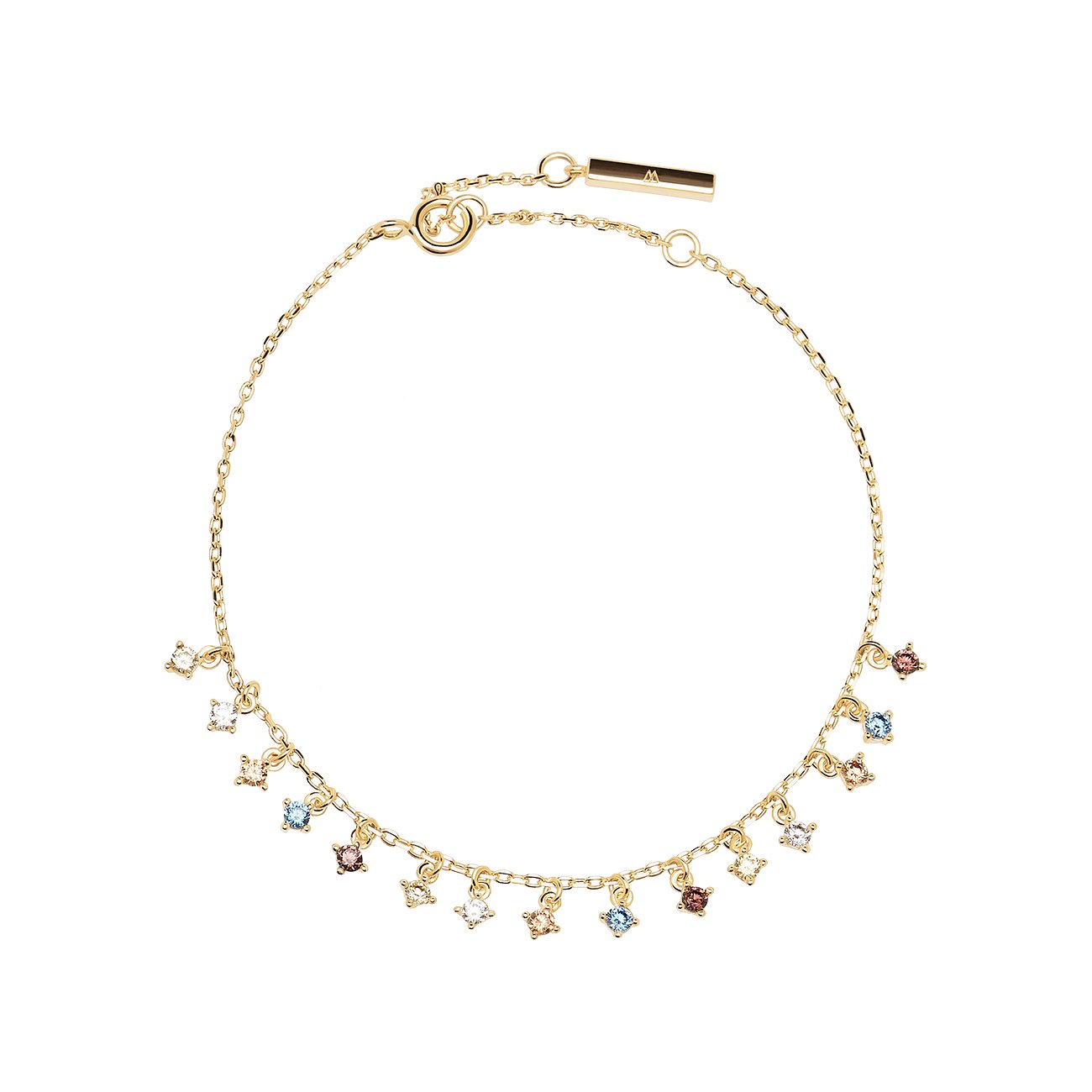 PdPaola Armkette aus vergoldetem 925er Silber mit mehreren kleinen, bunten Saphir-Farbsteinen als Hänger.