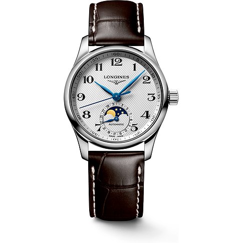 Longines Damenuhr mit Edelstahlgehäuse, silberfarbenem Zifferblatt und Mondphase.