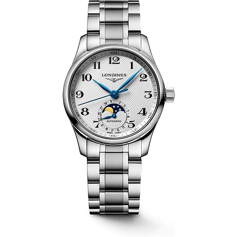 Longines Damenuhr aus Edelstahl mit Mondphasenanzeige und blauen Zeigern.