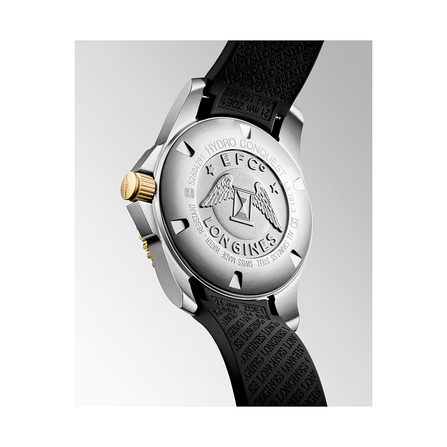 Longines Herrenuhr mit Edelstahlgehäuse und goldfarbener Lünette.