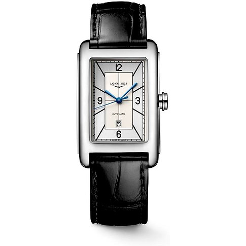 Longines Herrenuhr mit Edelstahlgehäuse, silberfarbenes Zifferblatt, Automatikwerk.