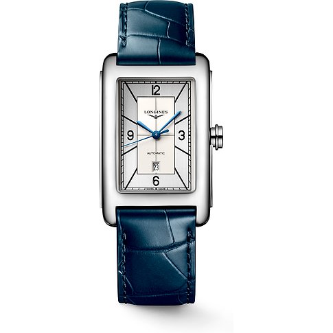 Longines Herrenuhr mit Edelstahlgehäuse, silberfarbenes Zifferblatt, blaue Zeiger.