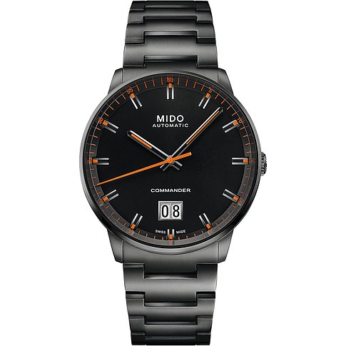 Mido Herrenuhr mit Edelstahlgehäuse, analog, schwarzes Zifferblatt mit orangen Akzenten.