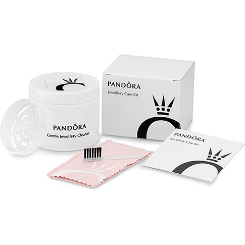 Ein Pandora Schmuckpflege-Kit mit Reinigungsflüssigkeit aus Kunststoff, einer Bürste, einem Poliertuch und einer Box.