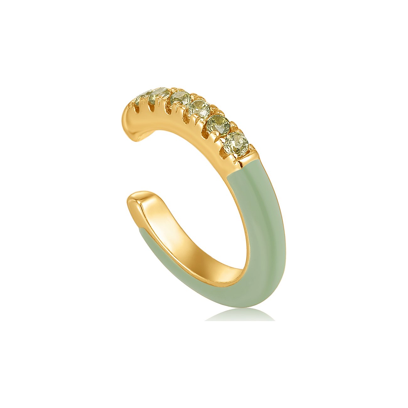 Ania Haie Ohrklemme aus vergoldetem Silber mit Zirkonia und mintgrünem Emaille. Sechs hellgrüne Zirkonia sind oben sichtbar.