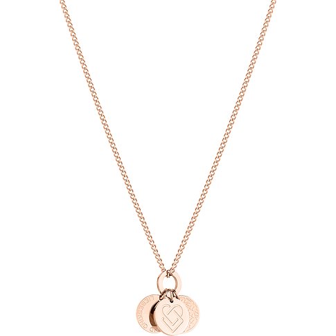 Un collier Liebeskind en acier inoxydable plaqué or rose avec chaîne et trois pendentifs ronds.