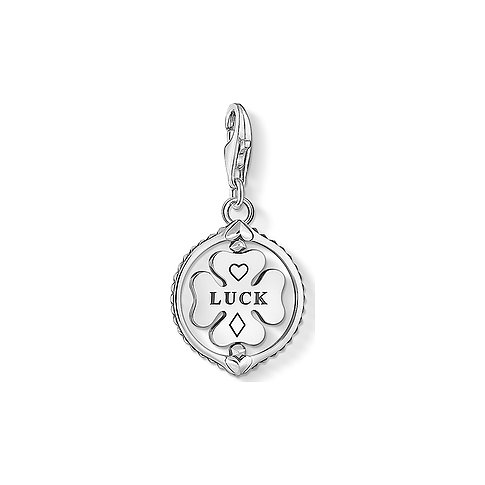 Thomas Sabo lyckoamulett, runt hänge i 925 silver med fyrklöver och texten "LUCK".