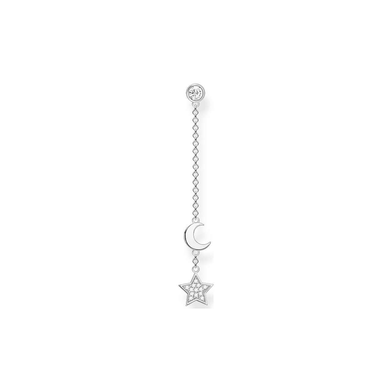 Ein zarter Thomas Sabo Ohrschmuck aus 925er Silber mit einer Kette, herabhängendem Mond und einem Stern mit Zirkonia-Stein.